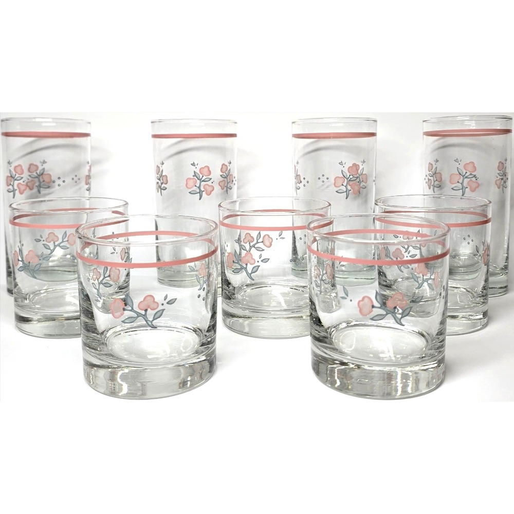 Vintage Libbey Clear Pink Floral Tumbler Glasses Set 9 Kitchen Barware Decor